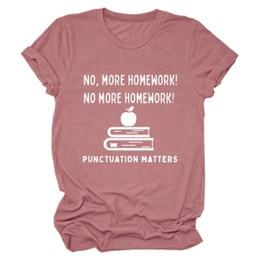 Detailed view of mauve cotton T-shirt featuring educational quote and apple graphic