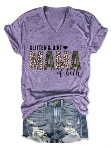 Close-up of Mama of Both print on purple V-neck t-shirt with rolled sleeves details