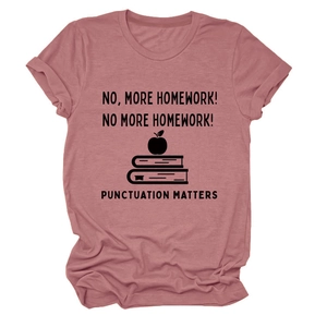 Close-up of punctuation mark design and quote on mauve cotton short sleeve t-shirt