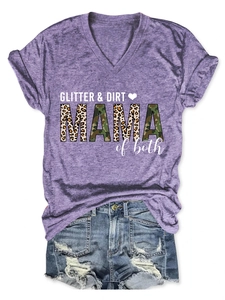Flat lay of purple heathered V-neck T-shirt with GLITTER & DIRT MAMA leopard print graphic