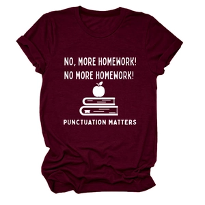 Detail of burgundy cotton t-shirt with white educational slogan print on flat background