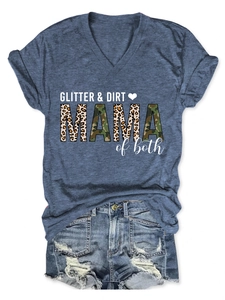 Detailed flat lay of Mama of Both V-neck t-shirt and distressed denim shorts set