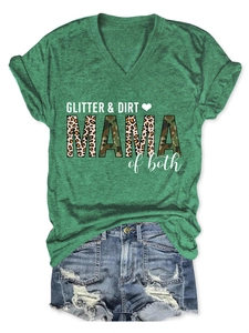 Detail of green V-neck MAMA of both t-shirt paired with distressed denim shorts