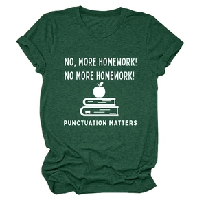 Detail of dark green t-shirt with 'No More Homework' text and apple book graphics