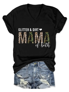 Flat lay of black MAMA t-shirt with leopard print and distressed denim shorts outfit