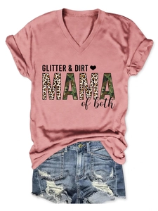 Flat lay of pink V-neck t-shirt with leopard Mama print and distressed denim shorts