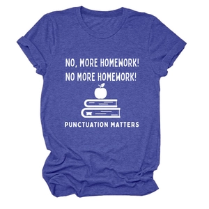 Detailed view of No More Homework slogan print and apple motif on blue cotton t-shirt