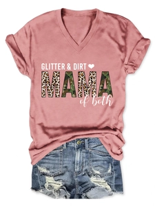 Detail of V-neck dusty pink t-shirt with mama of both leopard print and denim shorts