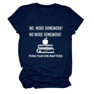 Detail of navy cotton T-shirt featuring No More Homework punctuation humor print