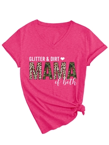 Detail of rose red V-neck T-shirt with leopard MAMA print and stylish side knot