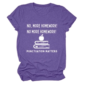 Detail of purple cotton T-shirt featuring NO MORE HOMEWORK punctuation print texture