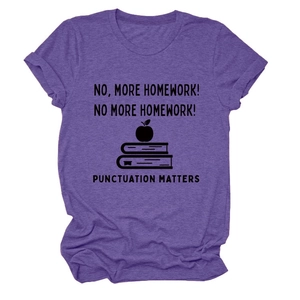 Detail of purple heather t-shirt featuring educational humor slogan on punctuation matters
