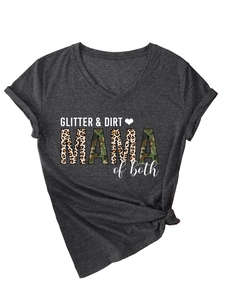 Detail of V-neck dark grey t-shirt featuring Glitter and Dirt Mama printed text