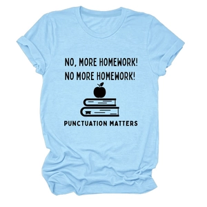 Light blue crewneck t-shirt with funny punctuation matters print for women