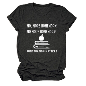 Detail of dark grey T-shirt featuring white screen-printed educational typography design