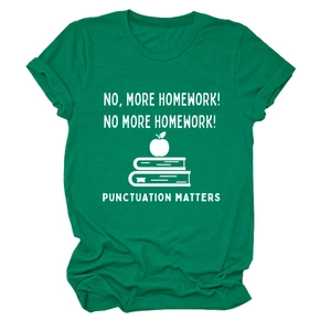 Detail of dark green cotton T-shirt featuring 'No More Homework' graphic and white text