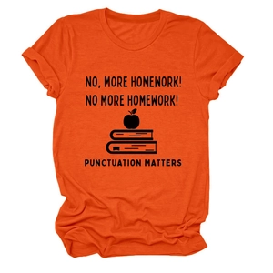 Detail of orange cotton T-shirt featuring funny back-to-school text print and rolled sleeves