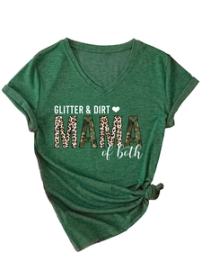 Detail of dark green V-neck t-shirt with Mama print and a stylish knotted hem design