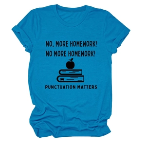 Detailed flat lay of a blue t-shirt with educational punctuation print and graphics
