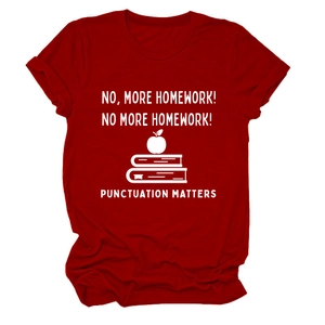 Close-up of red cotton T-shirt featuring white Punctuation Matters graphic print