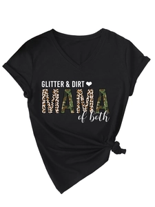 Detail of V-neck black T-shirt featuring Glitter Dirt Mama leopard and camo print design