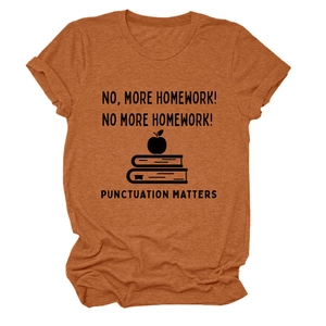 Detail of burnt orange crewneck t-shirt with black punctuation matters slogan print