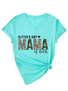 Detail of V-neck Tiffany blue t-shirt with Glitter Dirt Mama leopard camo print design