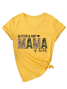 Detail of V-neck knot hem t-shirt with Glitter Dirt Mama leopard camo print in mustard