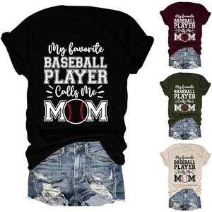 T-Shirt Femmes Mélange Coton My Favorite Baseball Player Calls Me MOM Imprimé Graphique Manches Courtes Col Rond Haut Décontracté