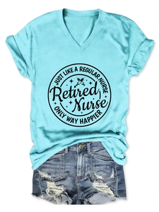 Detail view of light blue V-neck T-shirt with black Retired Nurse graphic and syringe icon