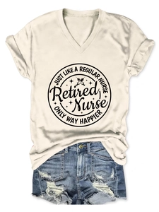 Flat lay of V-neck short sleeve T-shirt with nurse graphic and ripped denim shorts