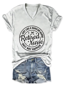 Detail of white V-neck t-shirt with Retired Nurse print and rolled sleeve design