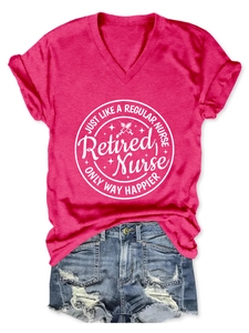 Flat lay of pink V-neck t-shirt with nurse print and distressed denim shorts