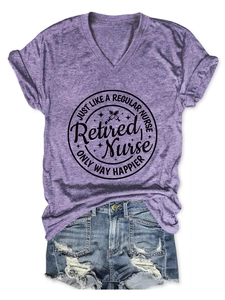 Close-up of purple V-neck t-shirt with nursing print and ripped denim shorts