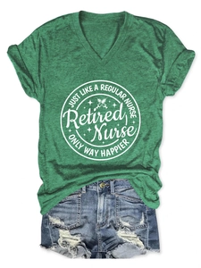 Close-up of Retired Nurse slogan print on green V-neck short sleeve knit t-shirt