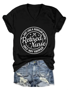 Flat lay of a black V-neck T-shirt with Retired Nurse print and distressed denim shorts
