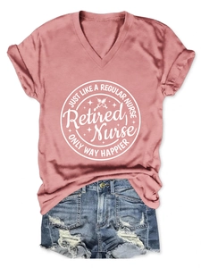 Detail of pink V-neck t-shirt with Retired Nurse print and distressed denim shorts set