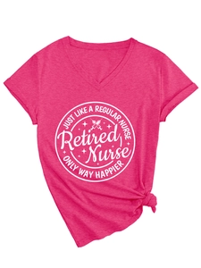 Detail of rose red V-neck T-shirt for retired nurses with white round graphic print