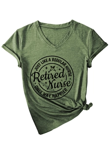 Detail of heather green V-neck t-shirt with Retired Nurse graphic and stylish side knot