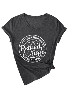 Detail of V-neck cotton T-shirt featuring Retired Nurse print and stylish hem knot