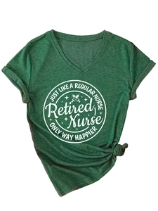 Detail of V-neck dark green heathered t-shirt with Retired Nurse print and tied hem design