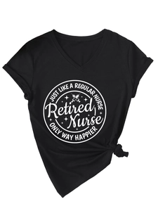 Detail of V-neck black T-shirt with white Retired Nurse print and syringe graphic