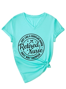 Detail of mint green V-neck T-shirt featuring Retired Nurse print and side knot detail