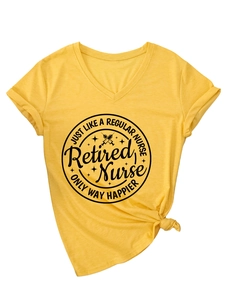 Detail of yellow V-neck t-shirt featuring Retired Nurse print and stylish hem knot