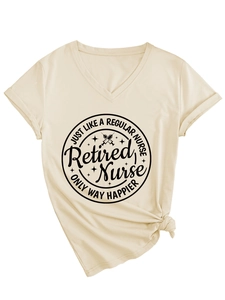 Detail of V-neck cream t-shirt with Retired Nurse print and stylish front knot design