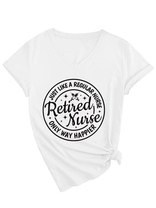 Detailed close-up of white V-neck T-shirt with Retired Nurse print and side knot detail