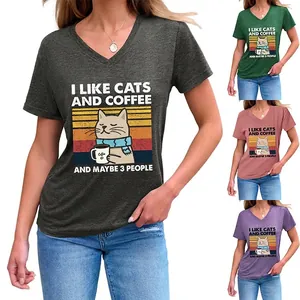 T Shirt Col V Femme Humour Slogan I Like Cats And Coffee Décontracté Mélange Coton Manche Courte Graphique Chat Rétro Haut