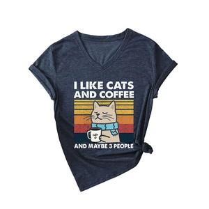 T-shirt femme col V bleu marine avec imprimé chat café et détail noué sur le côté