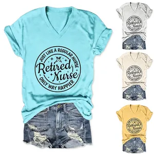 Women V-Neck Short Sleeve T-Shirt Cotton Blend Loose Fit Casual Retired Nurse Print Top