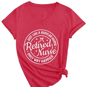 Women's red V-neck T-shirt with 'Retired Nurse' print and stylish knotted hem detail